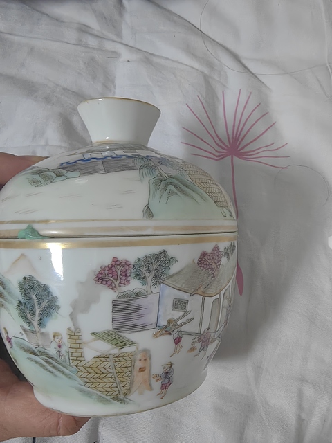 古玩陶瓷清晚·粉彩山水人物紋蓋缸 真品鑒賞圖