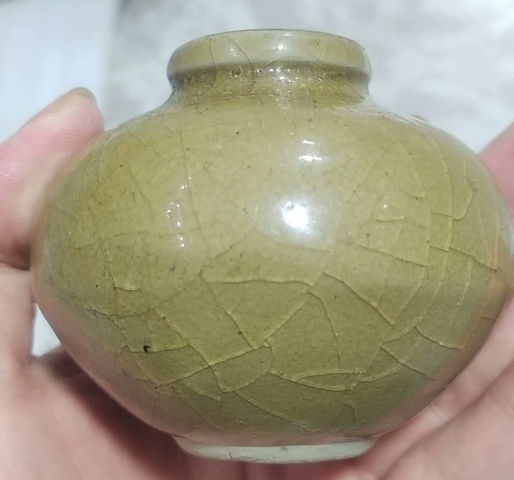 古玩陶瓷龍泉青瓷黃釉水盂真品鑒賞圖