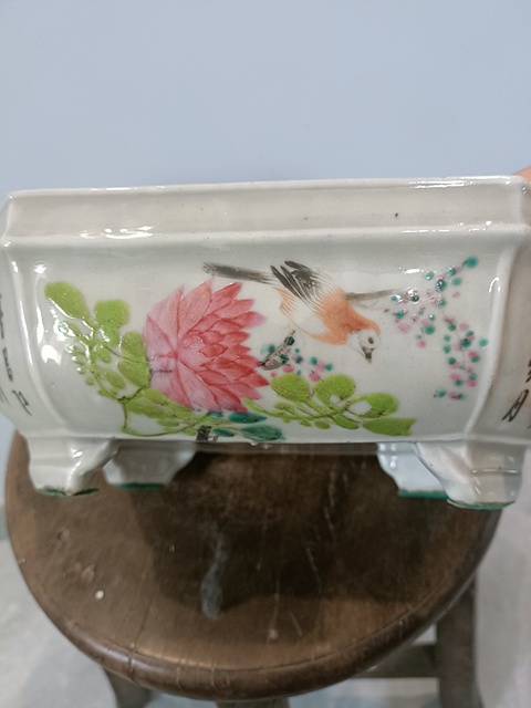 古玩陶瓷淺絳彩花鳥紋八角水仙盆真品鑒賞圖