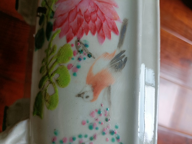古玩陶瓷淺絳彩花鳥紋八角水仙盆真品鑒賞圖