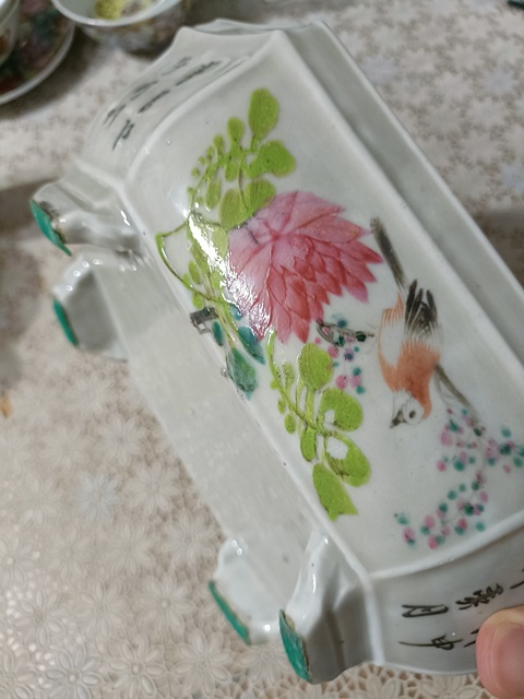 古玩陶瓷淺絳彩花鳥紋八角水仙盆真品鑒賞圖