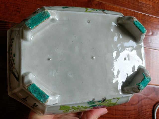 古玩陶瓷淺絳彩花鳥紋八角水仙盆真品鑒賞圖