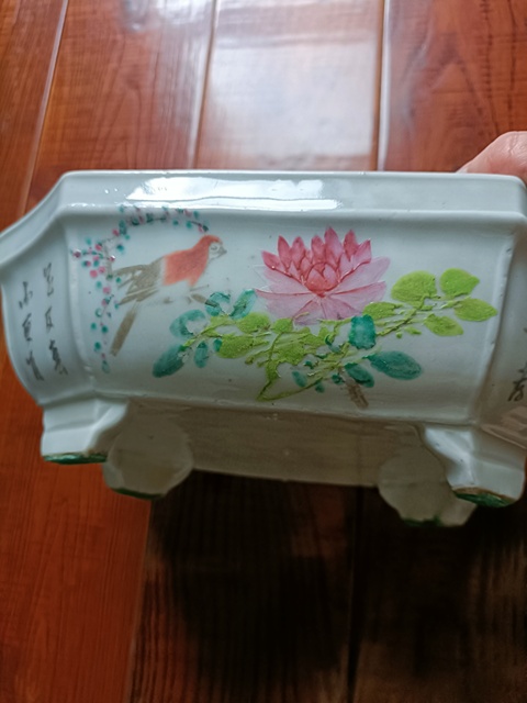 古玩陶瓷淺絳彩花鳥紋八角水仙盆真品鑒賞圖