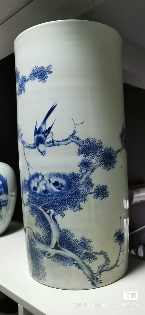 古玩陶瓷花鳥紋青花帽筒真品鑒賞圖