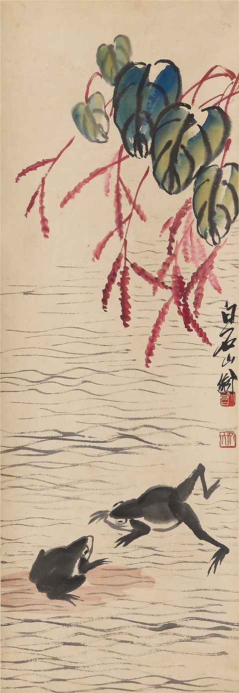 古玩字畫齊白石款青蛙立軸真品鑒賞圖