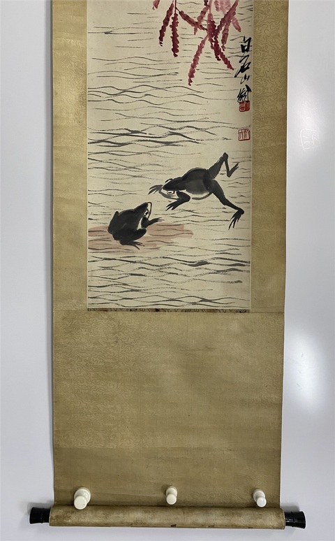 古玩字畫齊白石款青蛙立軸真品鑒賞圖