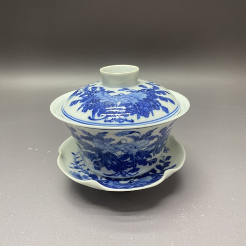 古玩陶瓷清光緒·二級官窯·青花牡丹花卉三才蓋碗拍賣,當前價格6900元