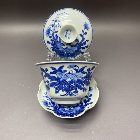 古玩陶瓷清光緒·二級官窯·青花牡丹花卉三才蓋碗拍賣,當前價格6900元