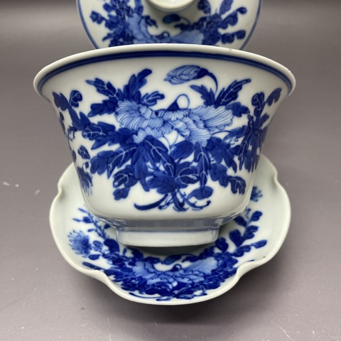 古玩陶瓷清光緒·二級官窯·青花牡丹花卉三才蓋碗拍賣,當前價格6900元