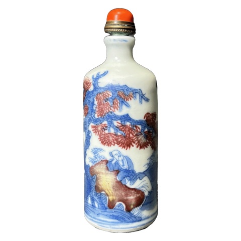 古玩陶瓷清中期 青花釉里紅松竹高士圖鼻煙壺拍賣,當前價格15880元