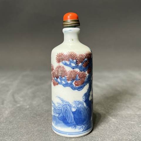 古玩陶瓷清中期 青花釉里紅松竹高士圖鼻煙壺拍賣,當前價格15880元