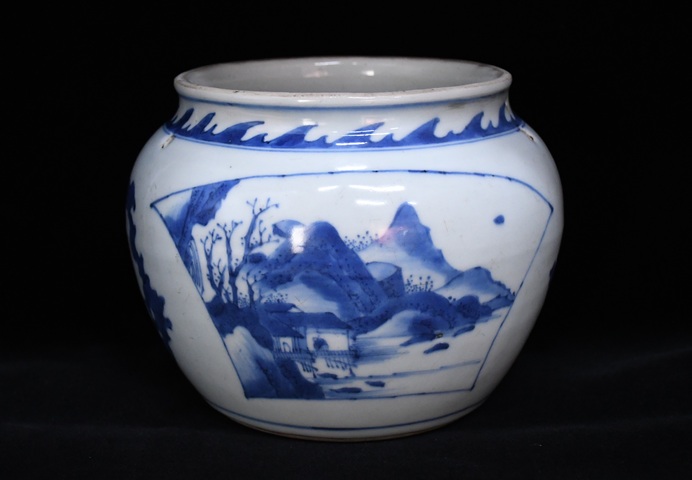 古玩陶瓷山水紋青花四系粥罐真品鑒賞圖