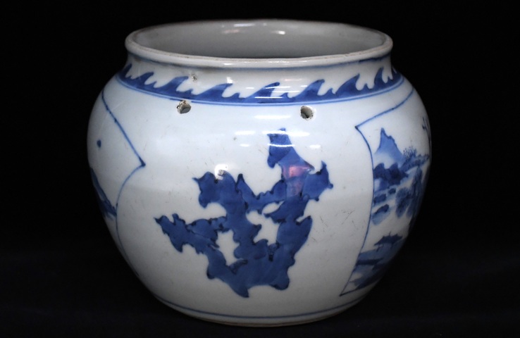 古玩陶瓷山水紋青花四系粥罐真品鑒賞圖