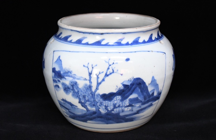 古玩陶瓷山水紋青花四系粥罐真品鑒賞圖