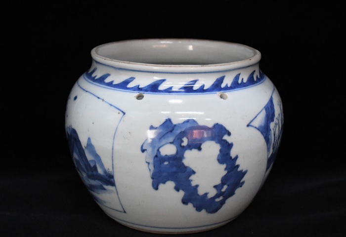 古玩陶瓷山水紋青花四系粥罐真品鑒賞圖