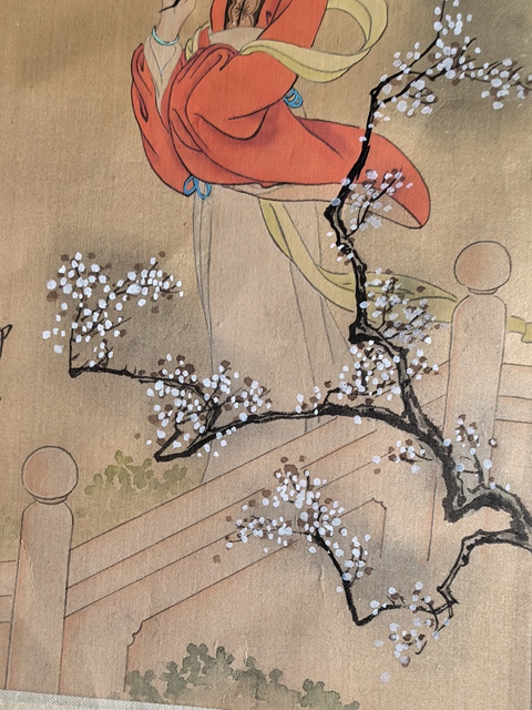 古玩字畫柳葛沾花仕女立軸真品鑒賞圖