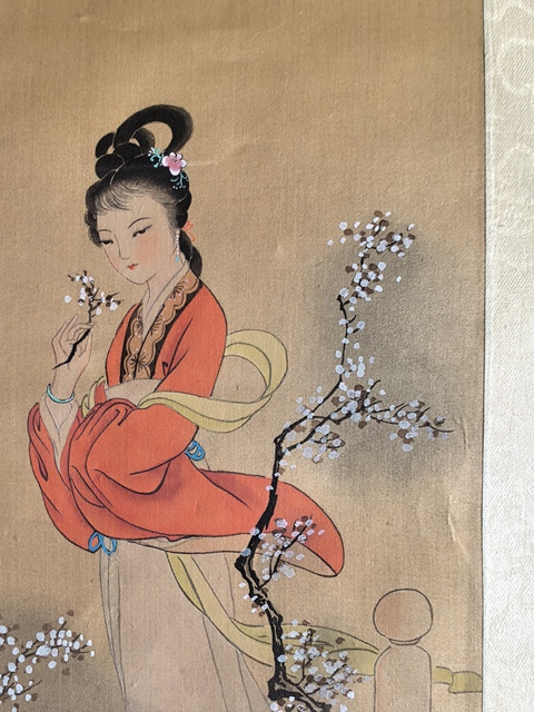 古玩字畫柳葛沾花仕女立軸真品鑒賞圖