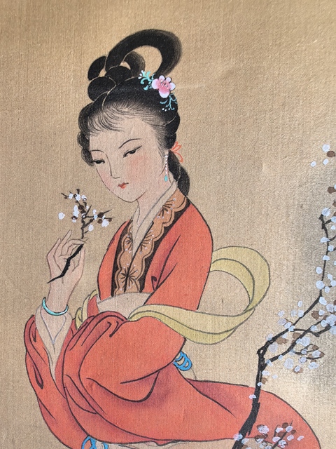 古玩字畫柳葛沾花仕女立軸真品鑒賞圖