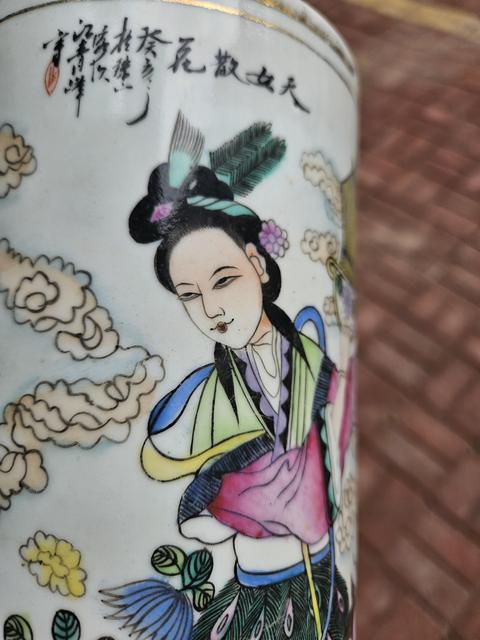 古玩陶瓷粉彩人物故事帽筒真品鑒賞圖