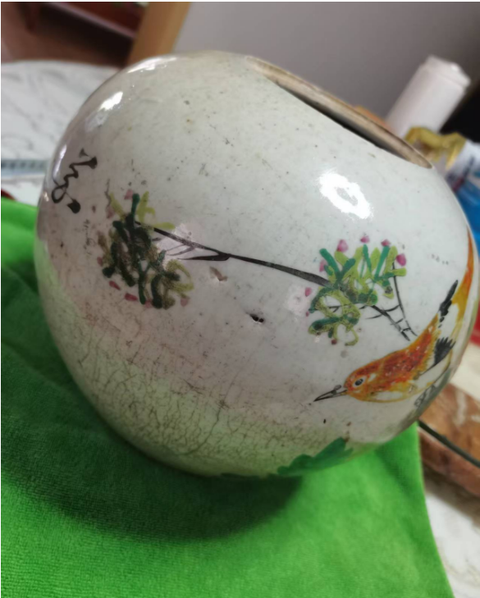 古玩陶瓷花鳥紋西瓜罐真品鑒賞圖
