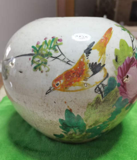 古玩陶瓷花鳥紋西瓜罐真品鑒賞圖