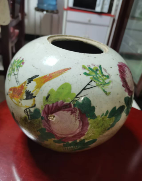 古玩陶瓷花鳥紋西瓜罐真品鑒賞圖