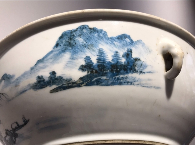 古玩陶瓷山水紋四系一品蓋鍋真品鑒賞圖