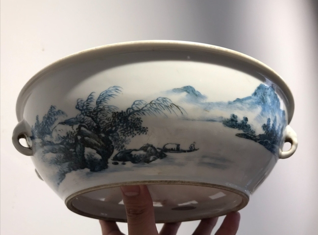 古玩陶瓷山水紋四系一品蓋鍋真品鑒賞圖