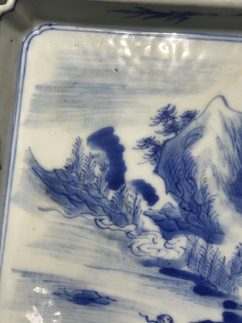 古玩陶瓷青花山水人物四方倭角盤真品鑒賞圖