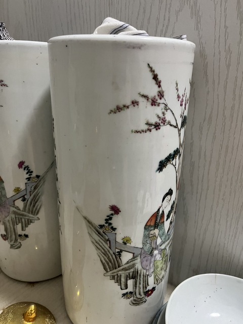 古玩陶瓷民國 范永興繪桃花美女帽筒真品鑒賞圖