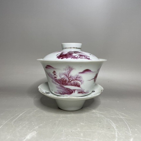古玩陶瓷那個胭脂紅山水蓋碗真品鑒賞圖