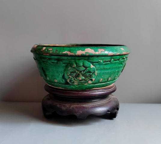 古玩陶瓷三彩獅耳水洗真品鑒賞圖