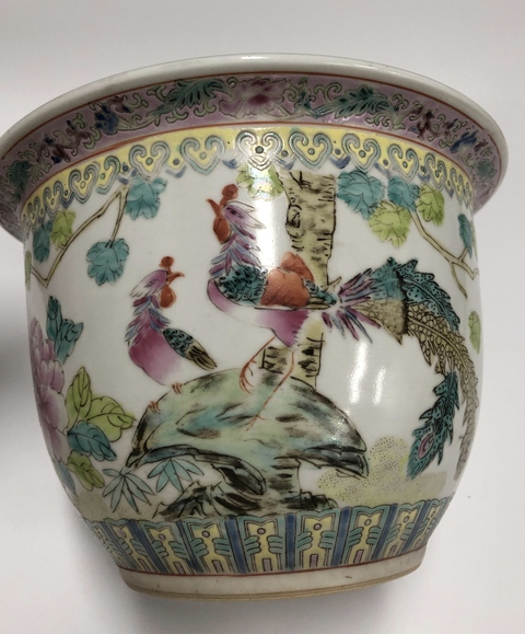 古玩陶瓷粉彩鳳穿牡丹圖花盆真品鑒賞圖