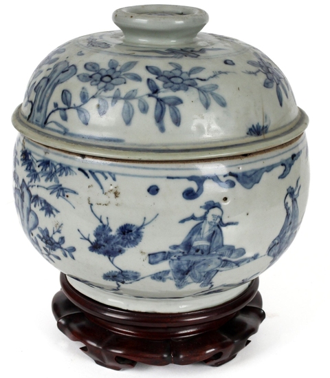 古玩陶瓷青花人物故事蓋罐真品鑒賞圖