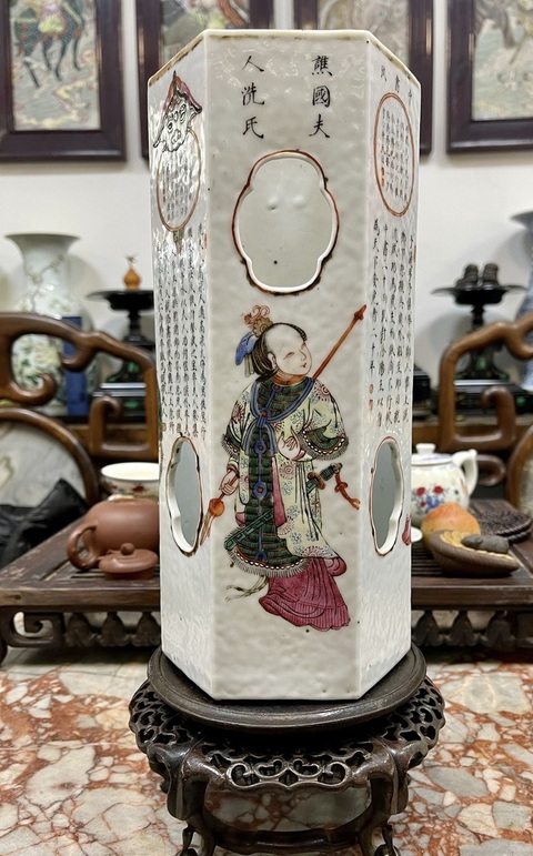 古玩陶瓷粉彩無雙譜人物六方帽筒真品鑒賞圖