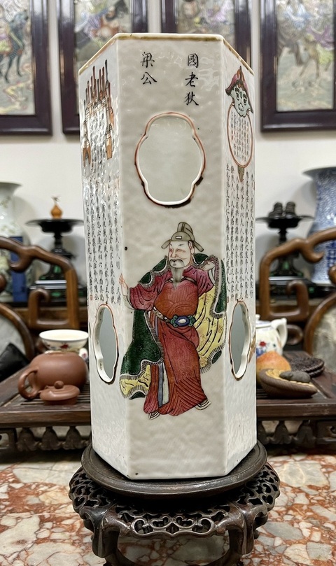 古玩陶瓷粉彩無雙譜人物六方帽筒真品鑒賞圖