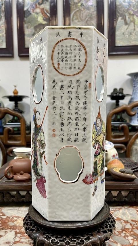 古玩陶瓷粉彩無雙譜人物六方帽筒真品鑒賞圖
