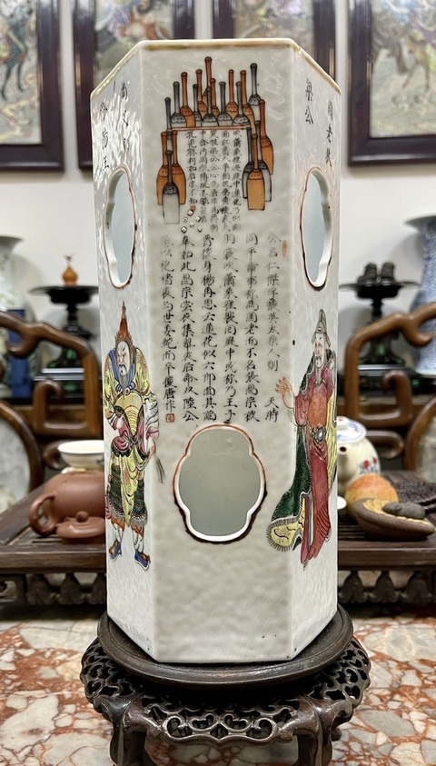 古玩陶瓷粉彩無雙譜人物六方帽筒真品鑒賞圖