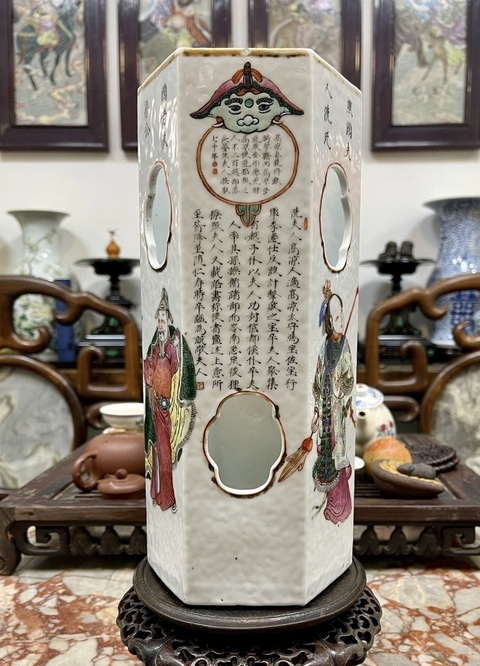 古玩陶瓷粉彩無雙譜人物六方帽筒真品鑒賞圖