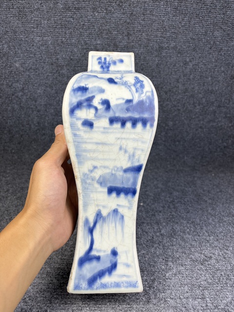 古玩陶瓷青花通景山水人物四方瓶真品鑒賞圖