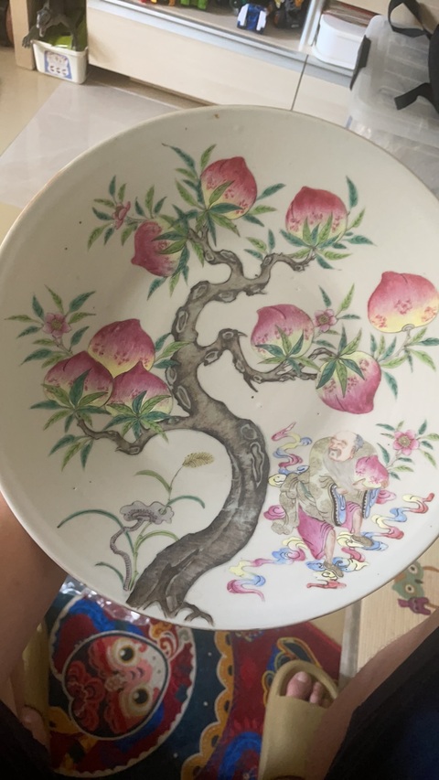 古玩陶瓷粉彩東方朔偷桃圖盤真品鑒賞圖