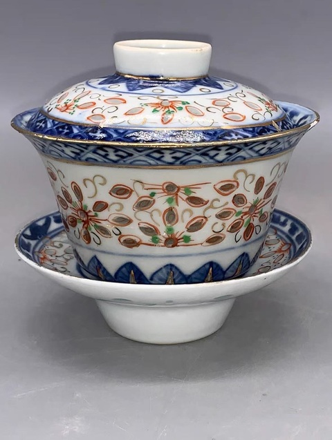 古玩陶瓷青花加彩玲瓏瓷三才蓋碗真品鑒賞圖
