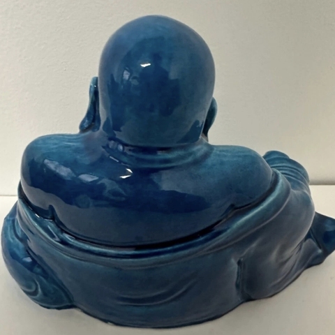古玩陶瓷孔雀藍釉彌勒佛塑像真品鑒賞圖