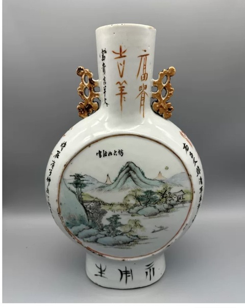 古玩陶瓷山水紋抱月瓶真品鑒賞圖
