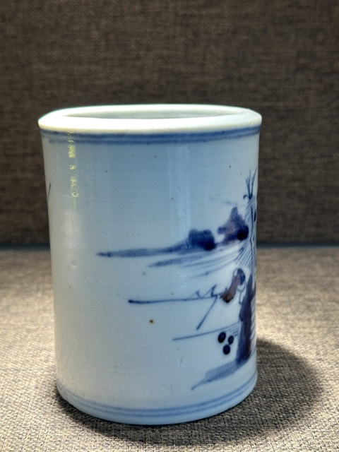 古玩陶瓷山水紋青花筆筒真品鑒賞圖