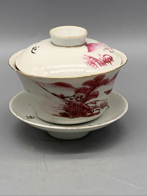 古玩陶瓷胭脂紅山水紋三才蓋碗真品鑒賞圖