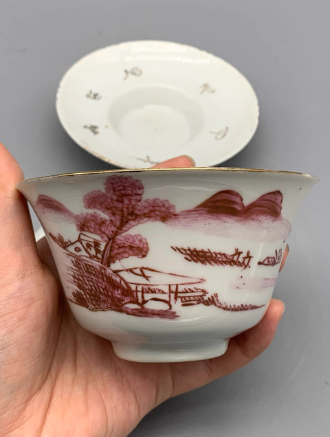 古玩陶瓷胭脂紅山水紋三才蓋碗真品鑒賞圖