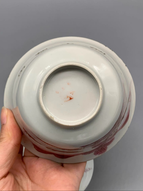 古玩陶瓷胭脂紅山水紋三才蓋碗真品鑒賞圖