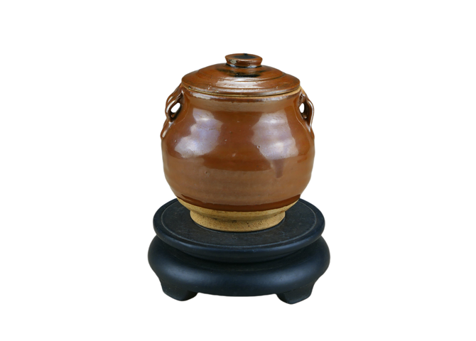 古玩陶瓷精品:明代耀州窯紫金釉四耳蓋罐(高品質)拍賣,當前價格350元