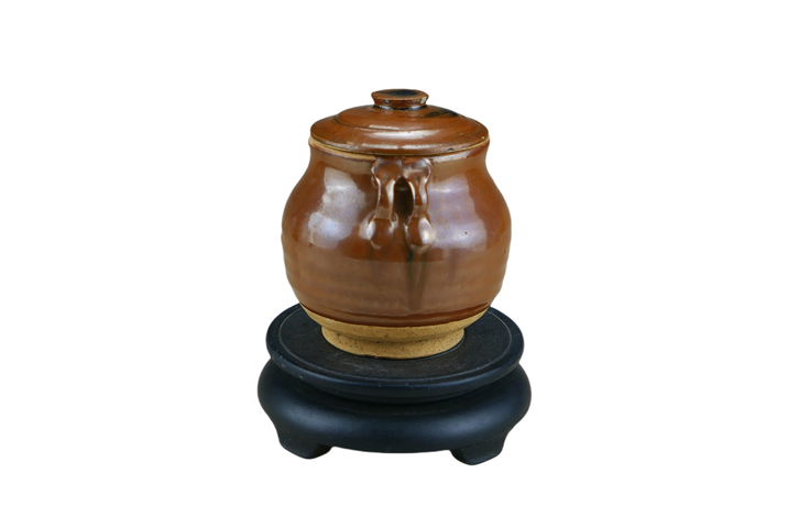 古玩陶瓷精品:明代耀州窯紫金釉四耳蓋罐(高品質)拍賣,當前價格350元